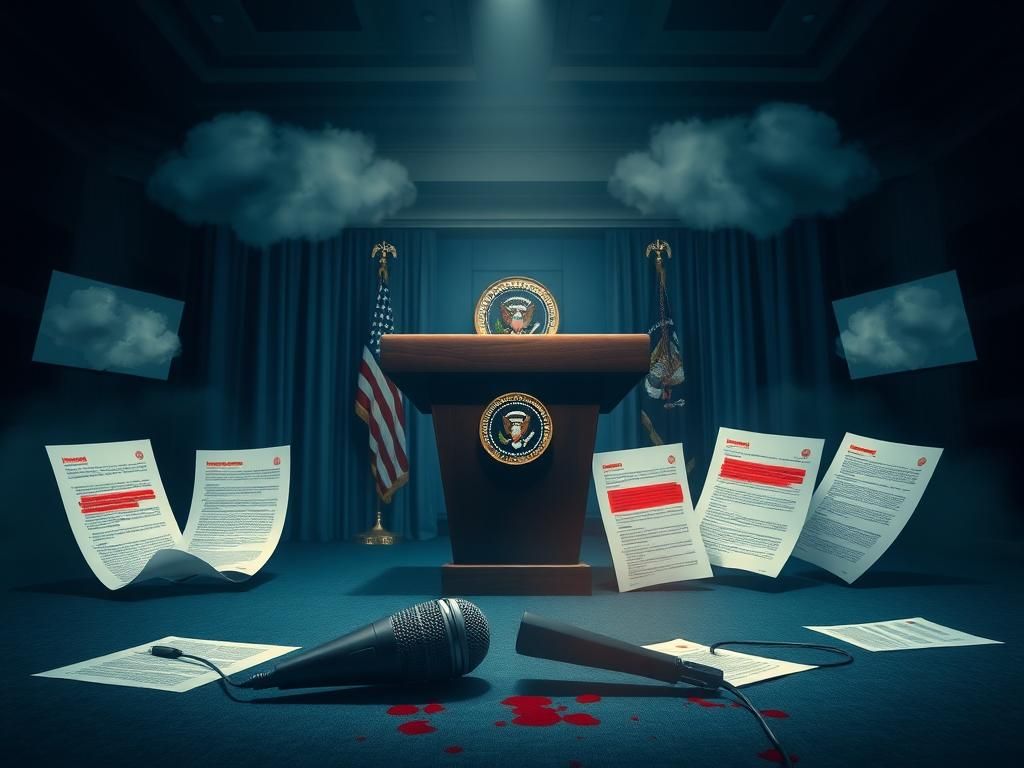 Flick International Dimly lit White House press briefing room with a podium and scattered documents