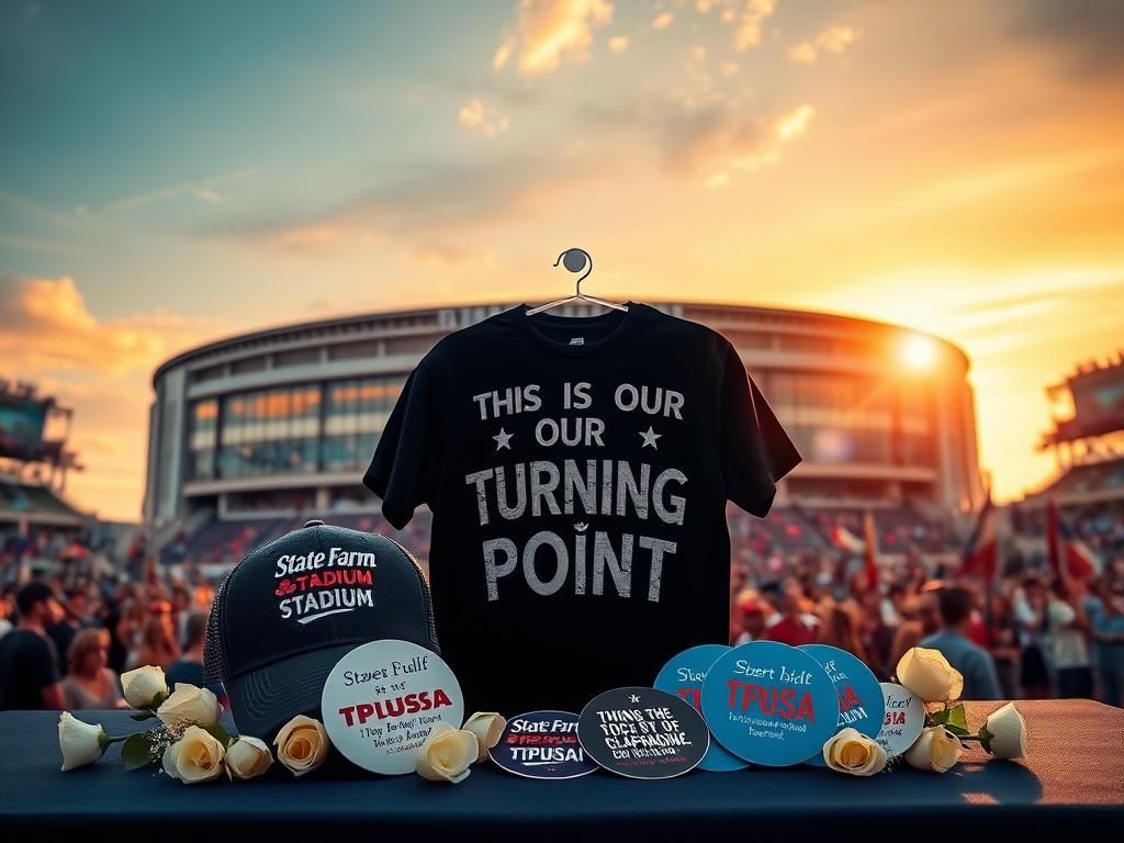 Flick International A serene scene of State Farm Stadium during sunset featuring Turning Point USA merchandise