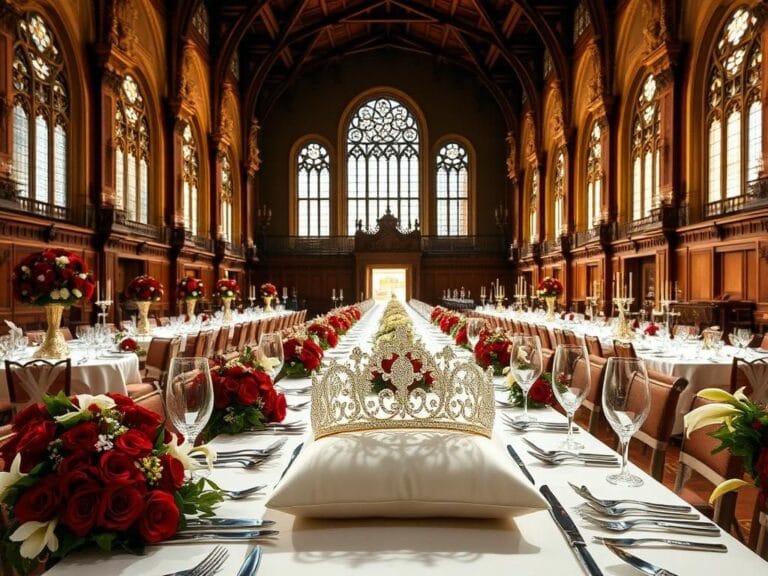 Flick International Kate Middleton wearing a sparkling tiara at a grand banquet table