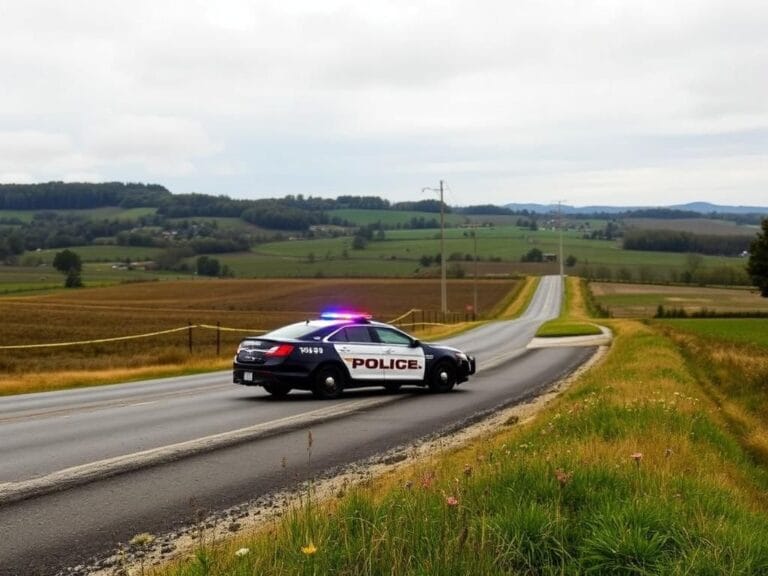 Flick International Police vehicle with flashing lights parked along a quiet road in York County, Pennsylvania, with police tape in the foreground.