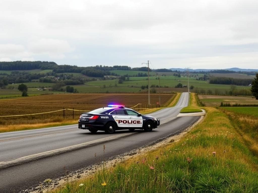 Flick International Police vehicle with flashing lights parked along a quiet road in York County, Pennsylvania, with police tape in the foreground.