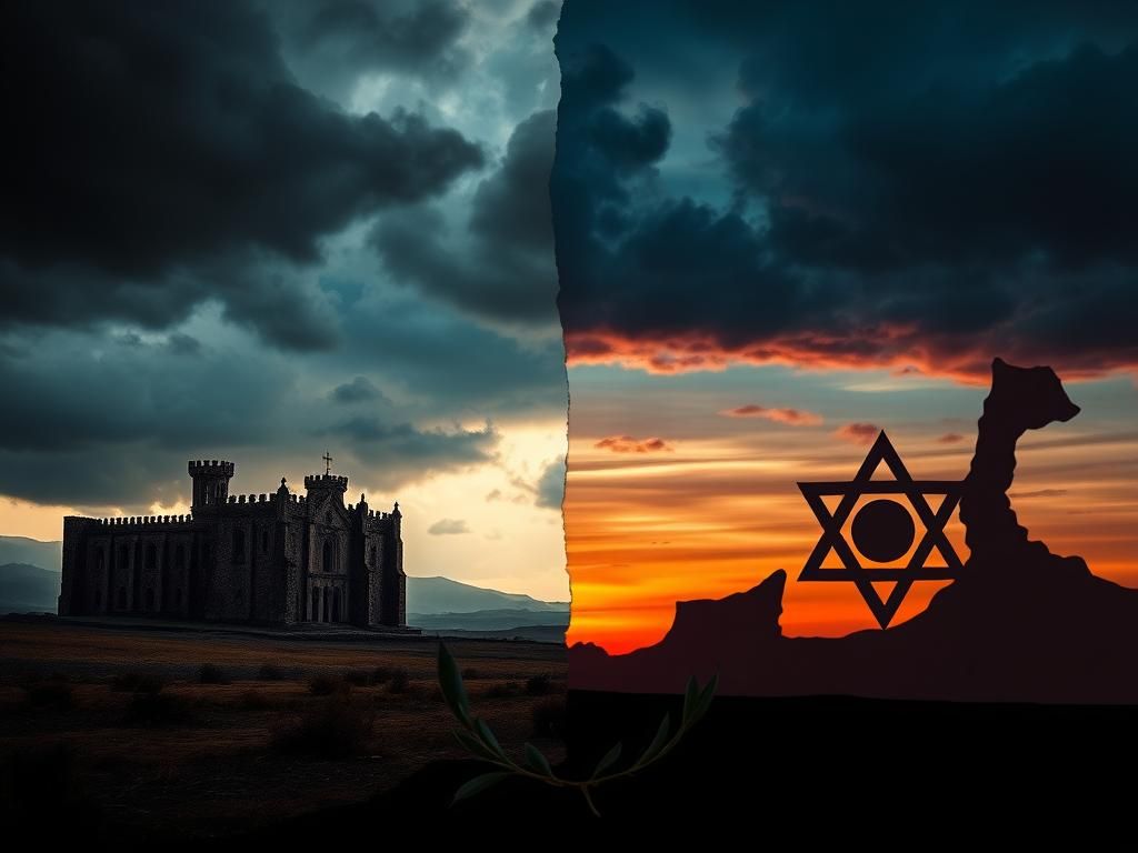 Flick International A dramatic landscape depicting conflict between Spain and Israel with a Gothic structure and vibrant sunset colors