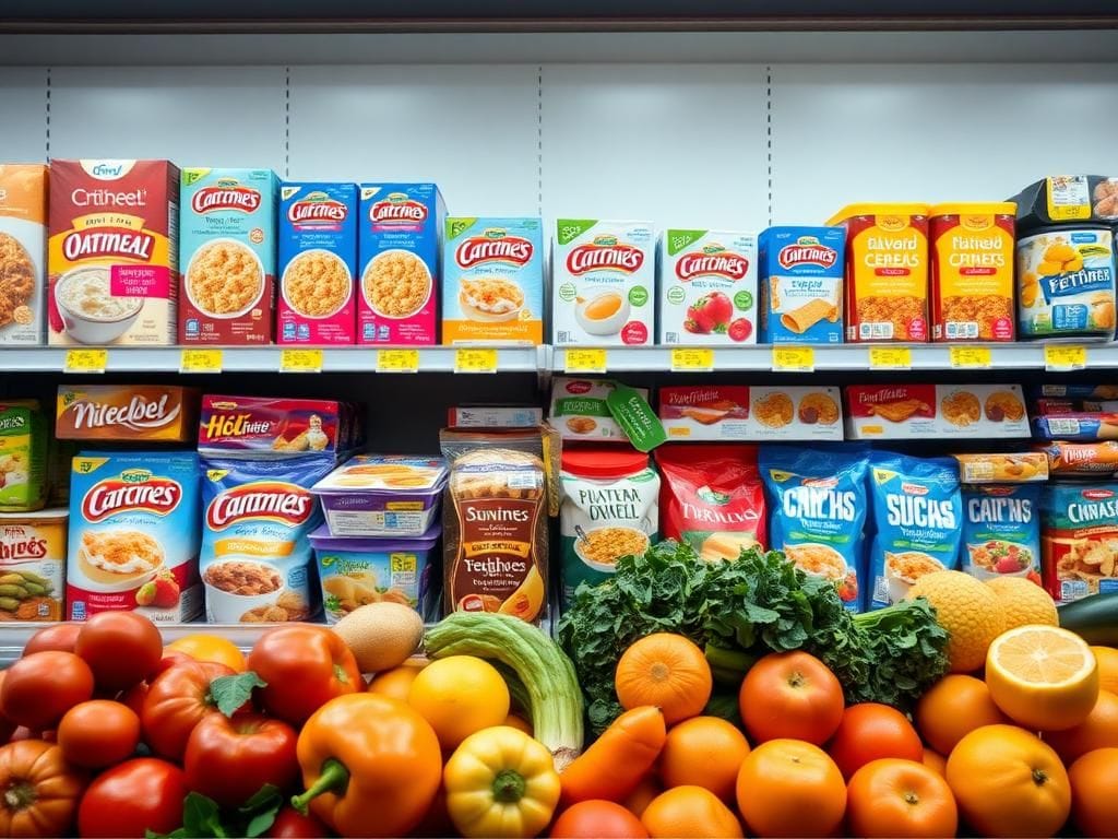 Flick International A well-organized grocery shelf showcasing various ultra-processed foods next to fresh produce.