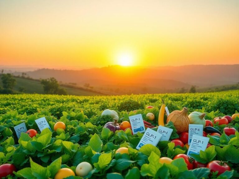 Flick International A vibrant landscape featuring a lush green field of healthy vegetables and fruits symbolizing nutrition and vitality.