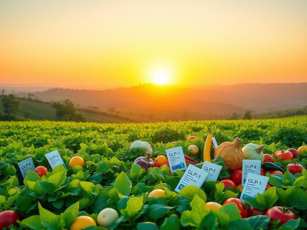 Flick International A vibrant landscape featuring a lush green field of healthy vegetables and fruits symbolizing nutrition and vitality.