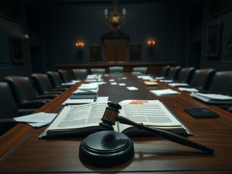 Flick International Dimly lit congressional hearing room with documents and an open Epstein case file