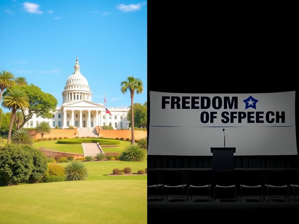 Flick International A split image featuring a vibrant California landscape on the left and a minimalist academic debate stage on the right, illustrating contrasting political ideologies.