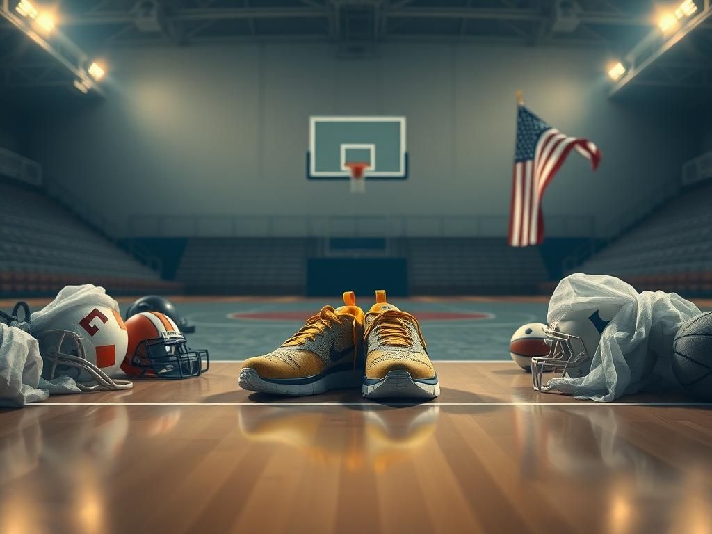 Flick International Empty basketball court illuminated with vibrant sneakers and American flag at half-staff