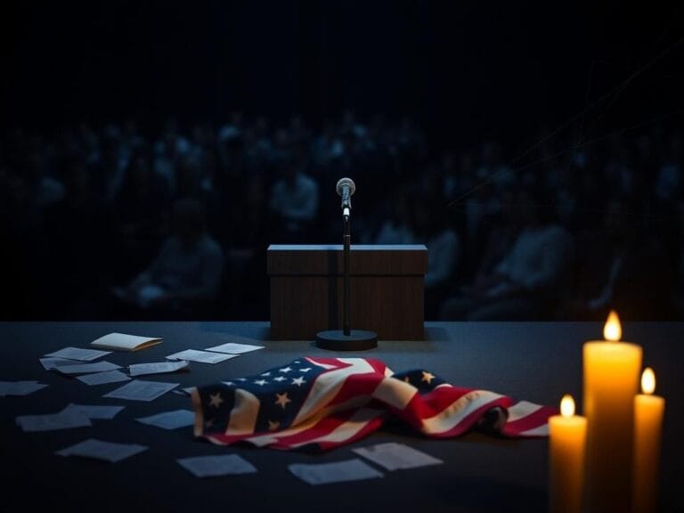 Flick International Empty podium with a microphone, surrounded by scattered papers and a fallen American flag