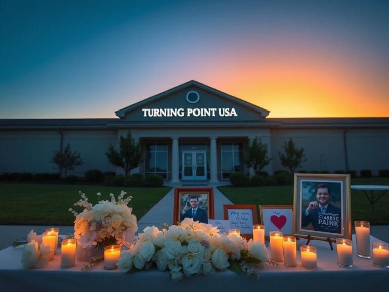 Flick International Memorial setup for Charlie Kirk outside Turning Point USA with flowers, candles, and photographs