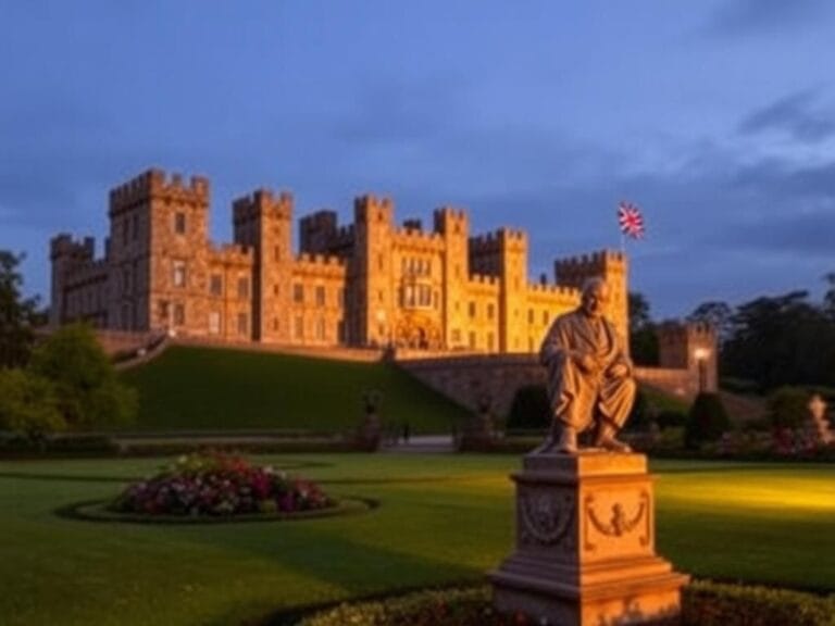 Flick International Windsor Castle at twilight with manicured gardens and Churchill statue