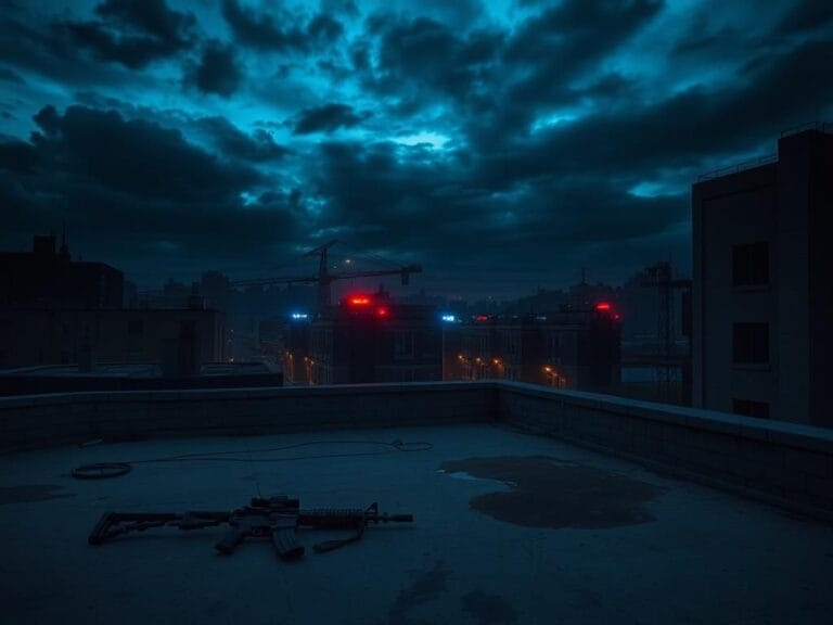 Flick International somber urban scene at twilight with dark clouds and an abandoned rifle on a rooftop