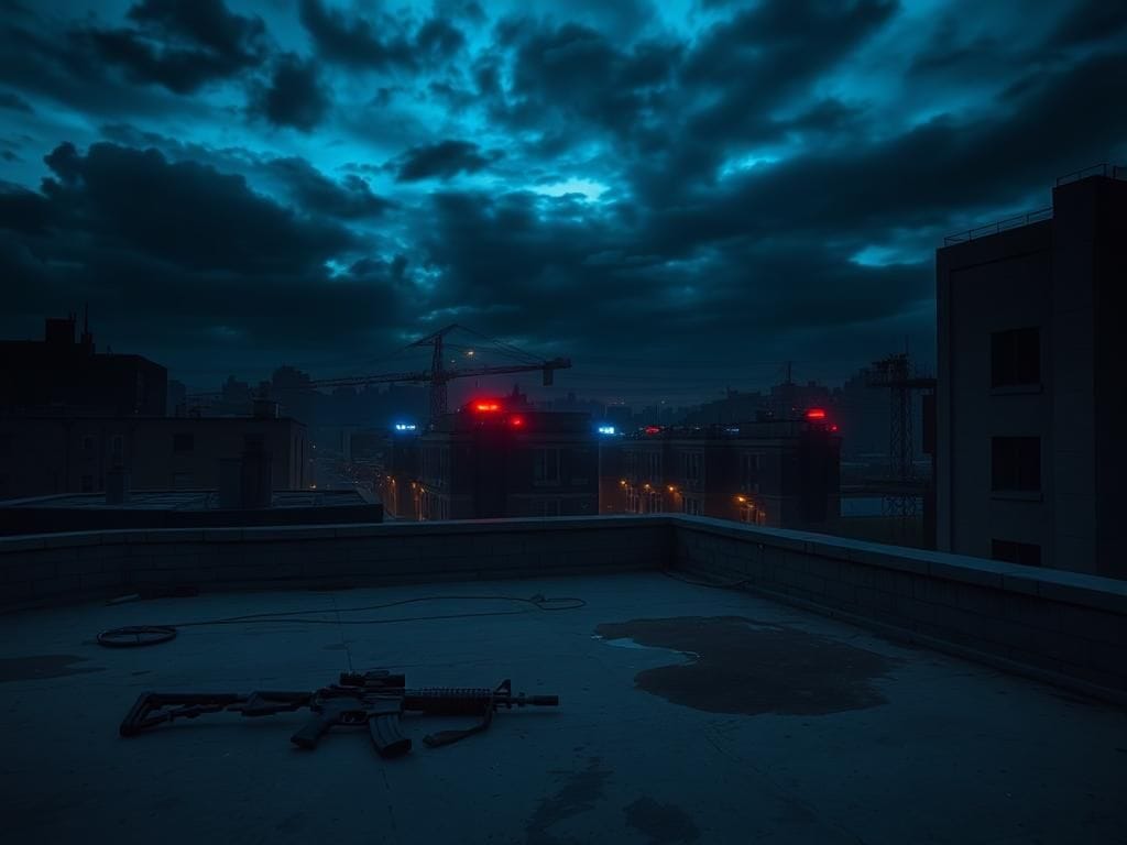 Flick International somber urban scene at twilight with dark clouds and an abandoned rifle on a rooftop