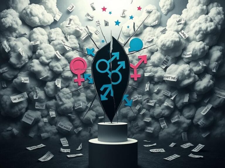 Flick International Conceptual art piece illustrating the complexities of gender identity with a fractured mirror and distorted symbols.