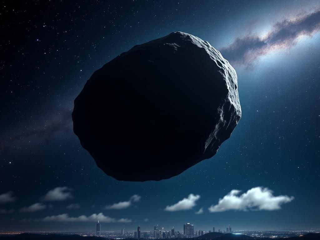 Flick International Massive asteroid 2025 FA22 approaching Earth with a rugged surface against a starry night sky