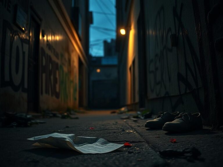 Flick International Dimly lit urban alley at twilight with graffiti and a crumpled love letter