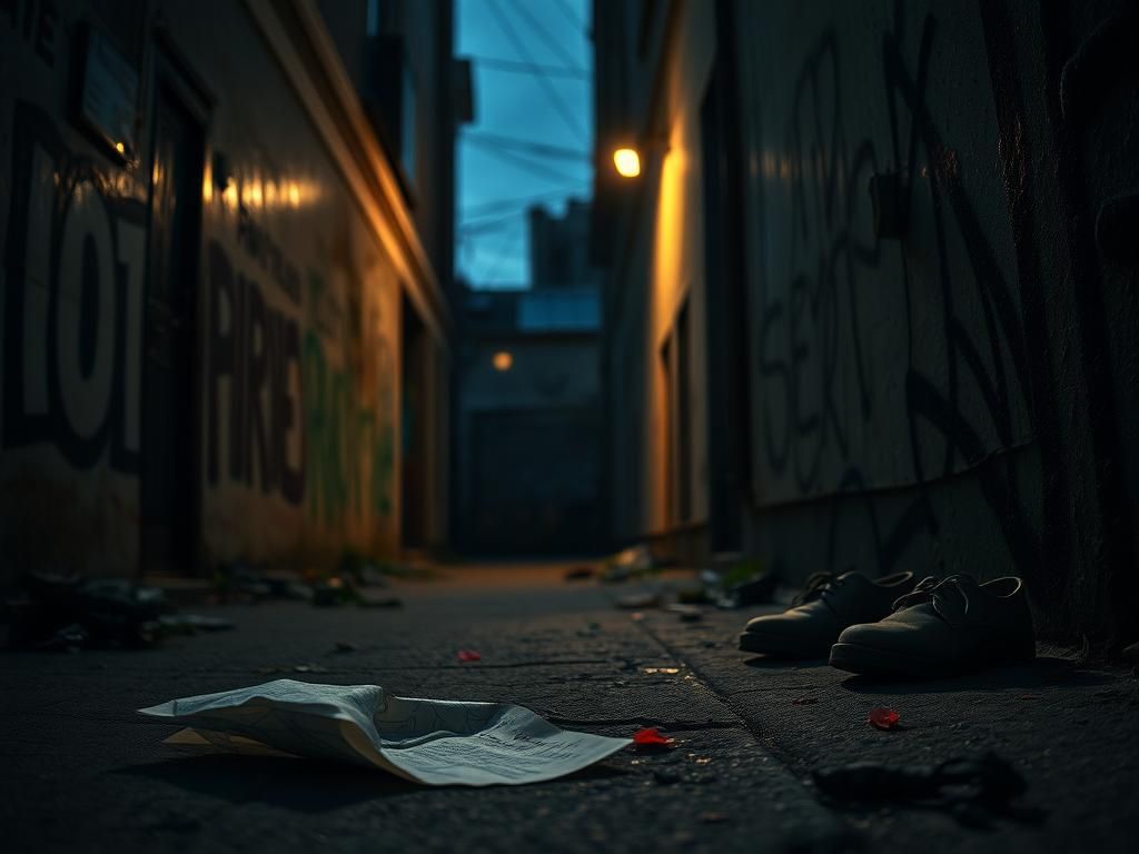 Flick International Dimly lit urban alley at twilight with graffiti and a crumpled love letter