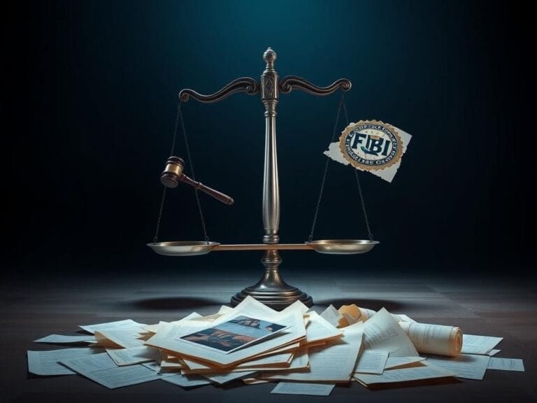 Flick International Dramatic representation of a darkened courtroom with a tilted scale of justice featuring a gavel, FBI badge, and torn documents.
