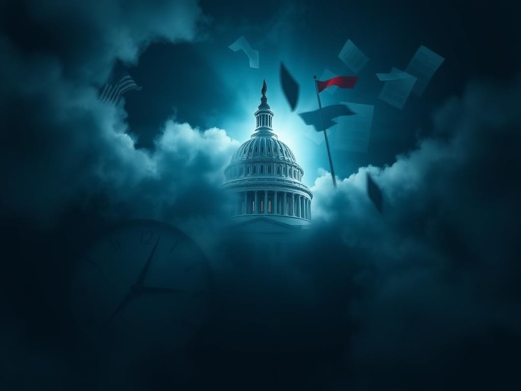 Flick International Dramatic scene depicting the U.S. Capitol building shrouded in clouds of uncertainty with a ticking clock at 11:59