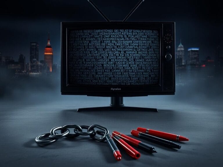 Flick International A tense depiction of censorship and controversy in media, featuring a television screen with static and a shadowy city skyline.