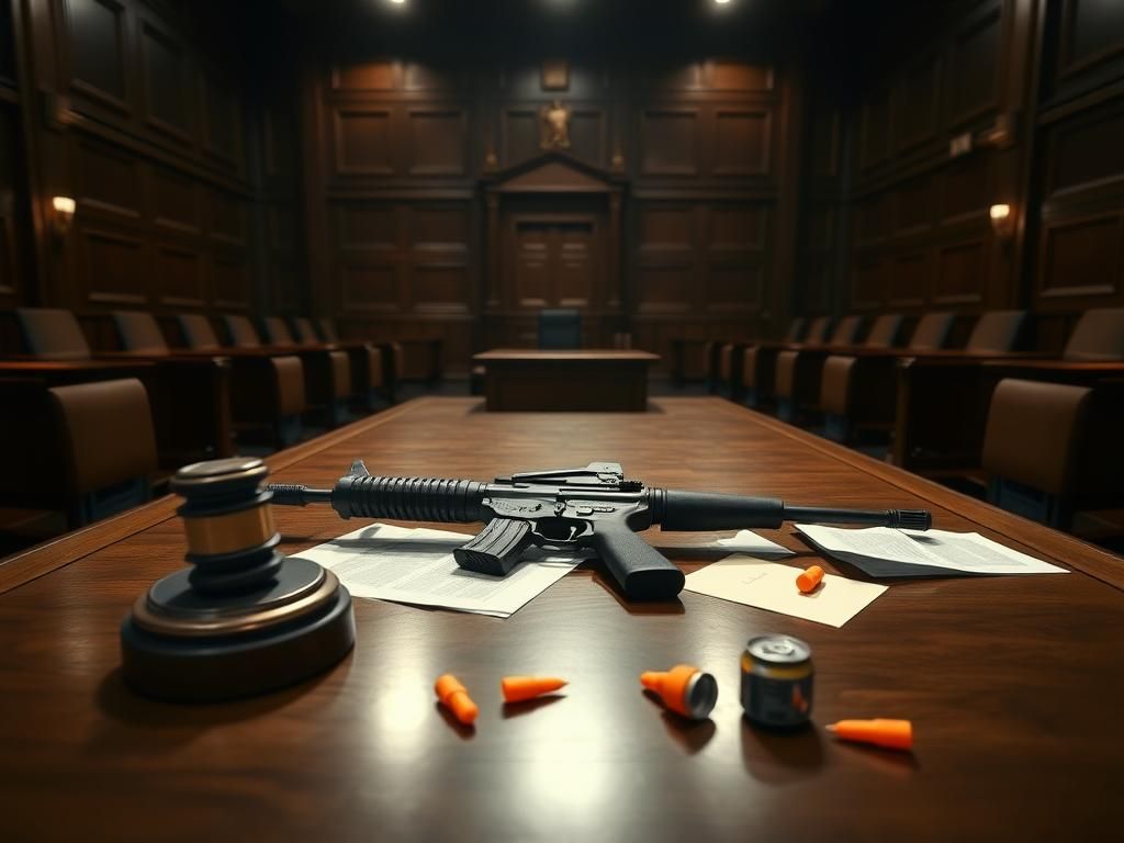 Flick International A tense courtroom scene featuring a gavel and an empty judge's bench, symbolizing the gravity of the trial.