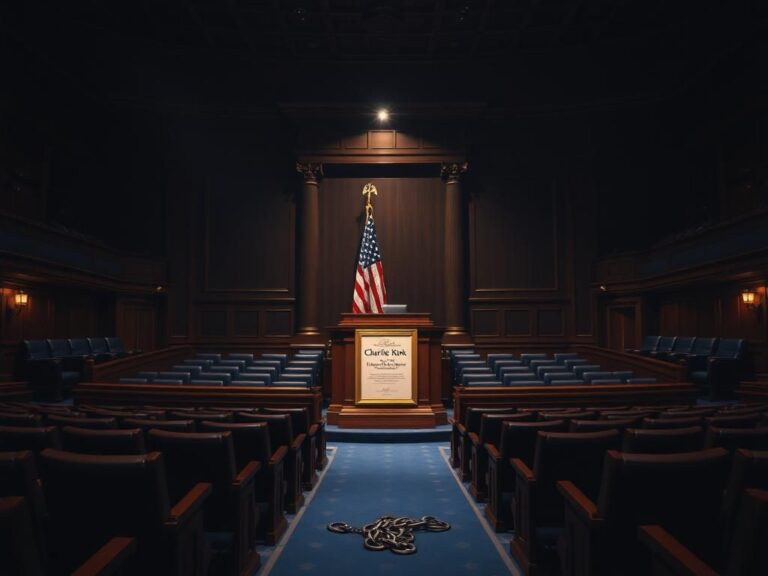 Flick International A dimly lit U.S. House chamber featuring empty seats and a podium with an American flag, reflecting serious political discourse.