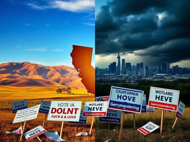 Flick International Split image showing political tension in California with a vibrant landscape on one side and storm clouds over a city on the other