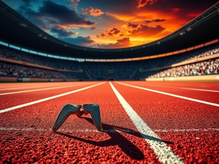 Flick International Close-up of worn running spikes on a vibrant running track symbolizing competitive athletics