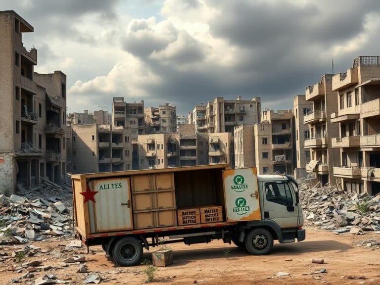 Flick International A detailed image of a conflicted urban landscape in Gaza, showcasing crumbling buildings and an abandoned humanitarian aid truck.