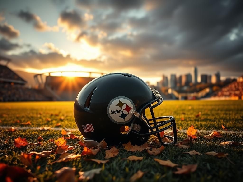Flick International A Pittsburgh Steelers helmet on the field at Heinz Field during sunset