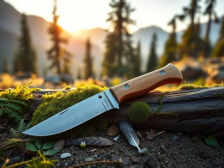 Flick International Rustic wooden hunting knife on a moss-covered log in a serene wilderness at dawn