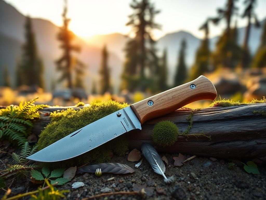 Flick International Rustic wooden hunting knife on a moss-covered log in a serene wilderness at dawn