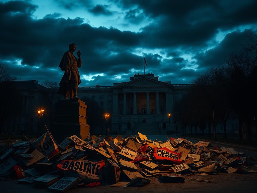 Flick International A large, cracked statue symbolizing peace in a shadowy urban landscape at twilight
