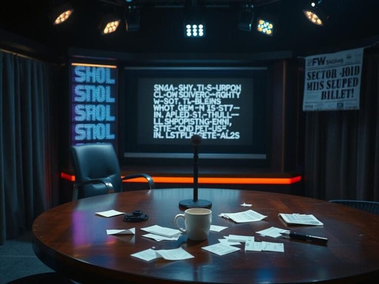 Flick International Dimly lit television studio set with empty host chair and microphone