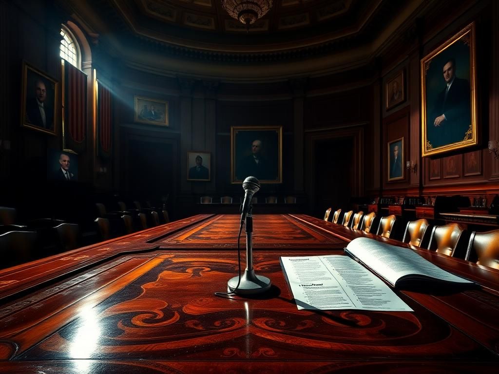 Flick International Empty Senate hearing room filled with shadows and ambient light