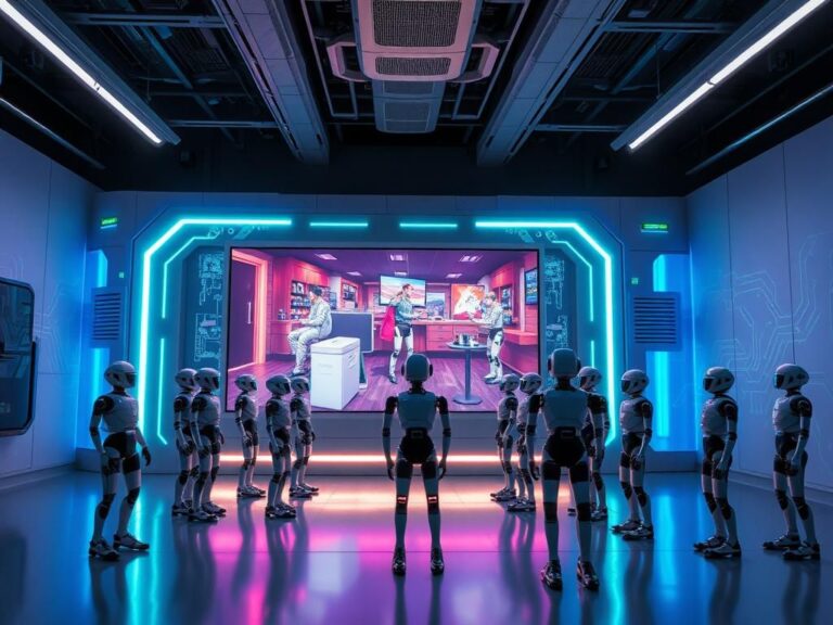 Flick International Futuristic training facility for humanoid robots featuring high-tech displays and AI-generated video scenarios.