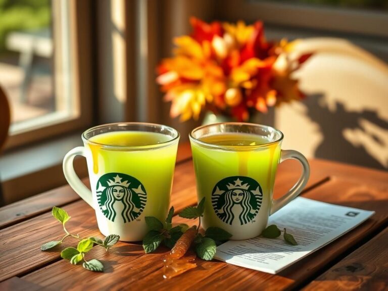 Flick International Cozy café setting with Starbucks cups of mint majesty tea and honey