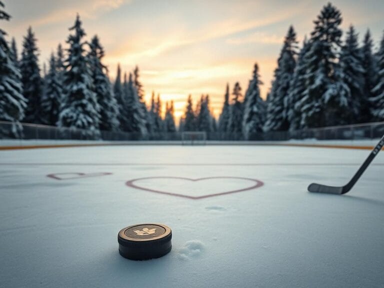 Flick International Frozen hockey rink in Canada with a hockey puck on the ice