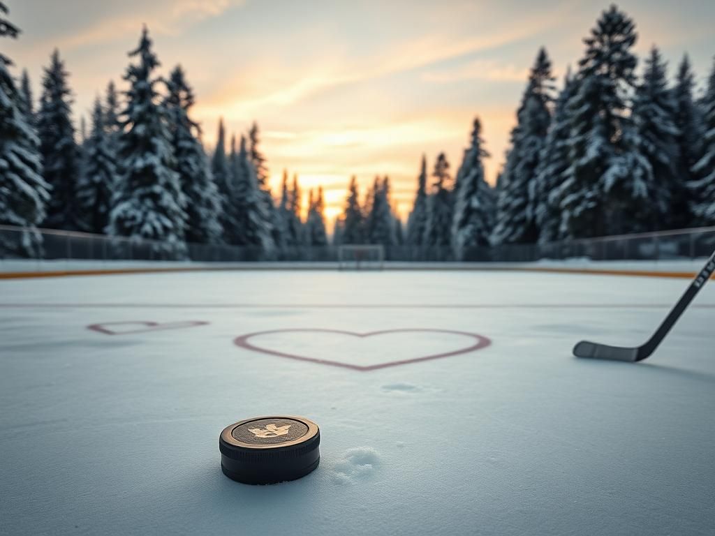 Flick International Frozen hockey rink in Canada with a hockey puck on the ice
