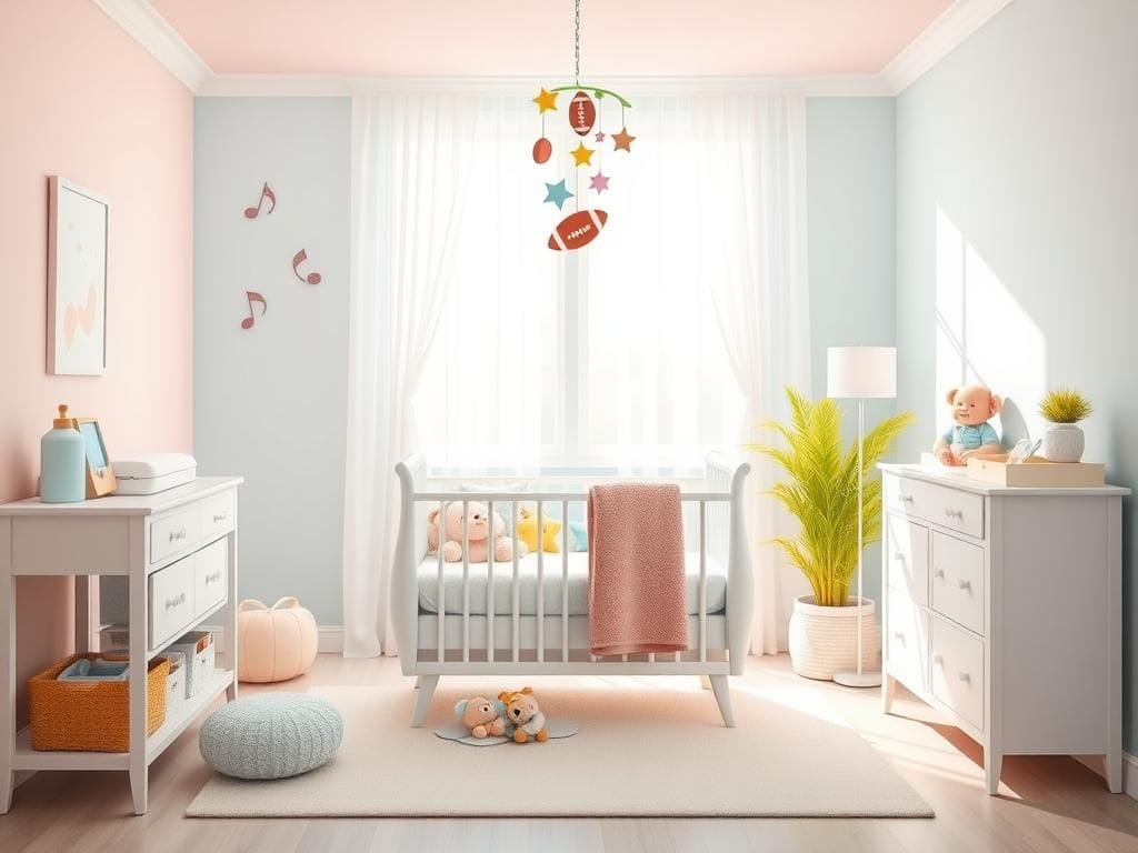 Flick International A beautifully arranged nursery space filled with pastel colors, featuring a stylish crib and baby essentials