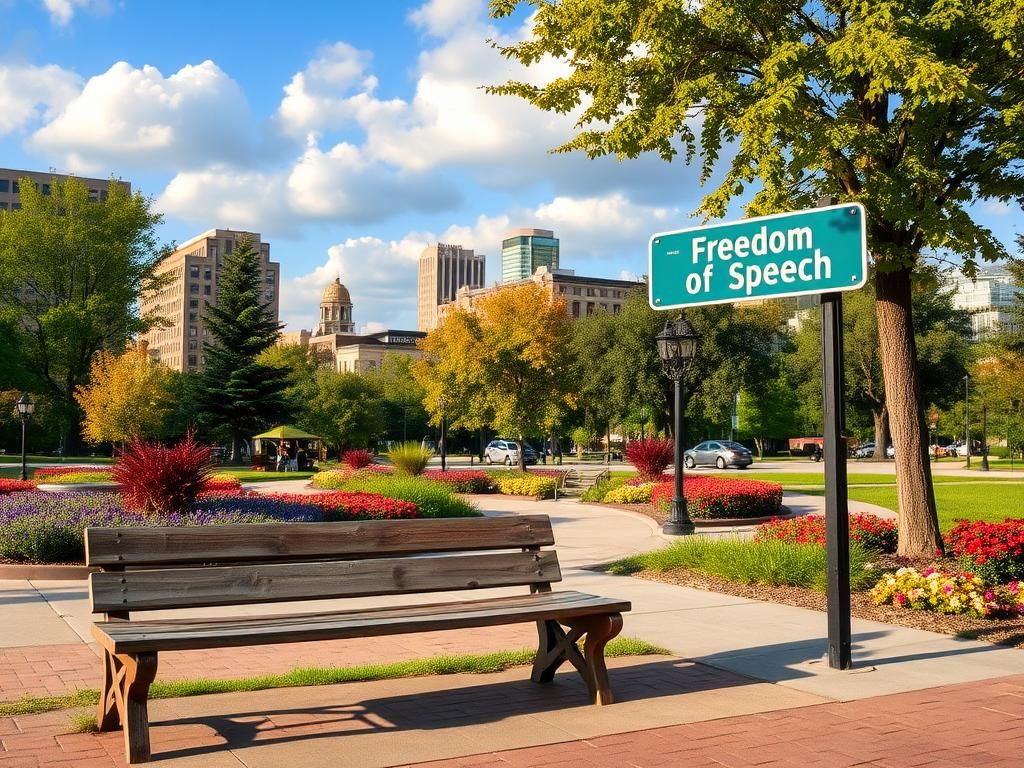 Flick International Serene urban scene in Dearborn, Michigan with a public park featuring diverse trees and colorful flowers.