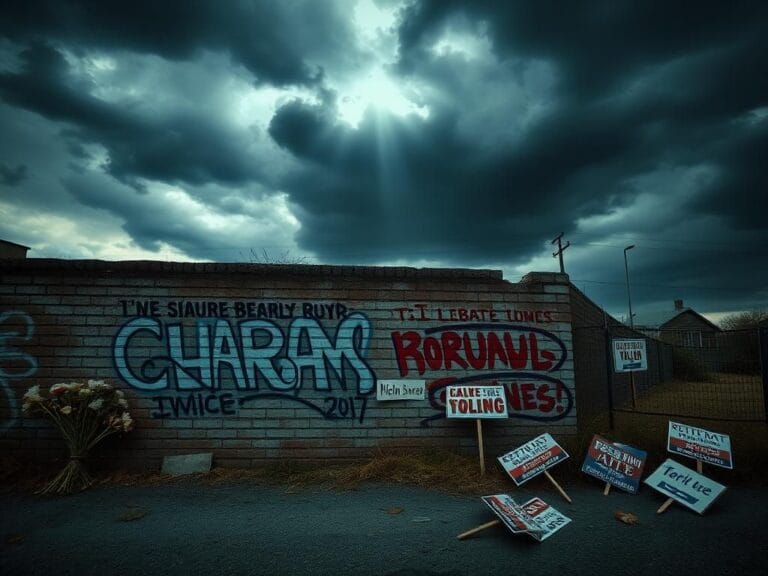 Flick International Dark stormy sky over a desolate urban landscape symbolizing ideological tension.