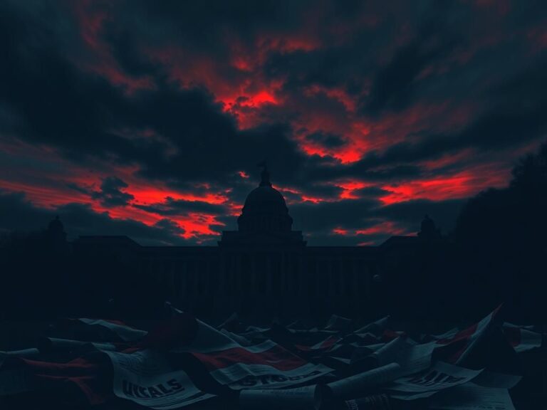 Flick International A shadowy cityscape at dusk with a government building portraying tension.