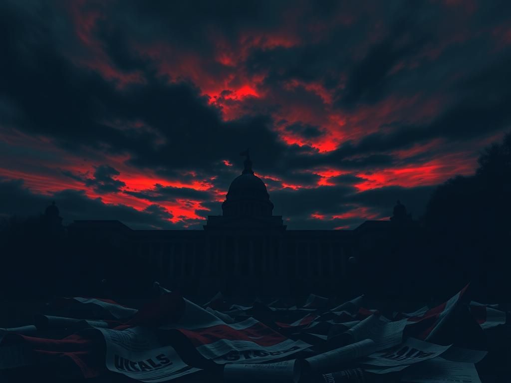 Flick International A shadowy cityscape at dusk with a government building portraying tension.