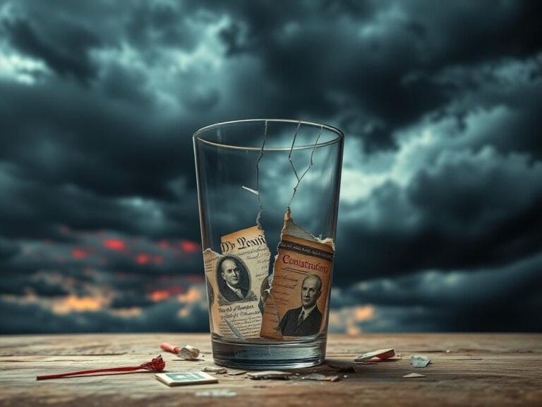 Flick International A shattered glass symbolizing fractured political discourse amidst a stormy sky representing political unrest.