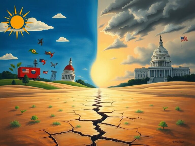 Flick International Split political landscape representing the internal struggle of the Democratic Party with symbols of progressivism and moderation.