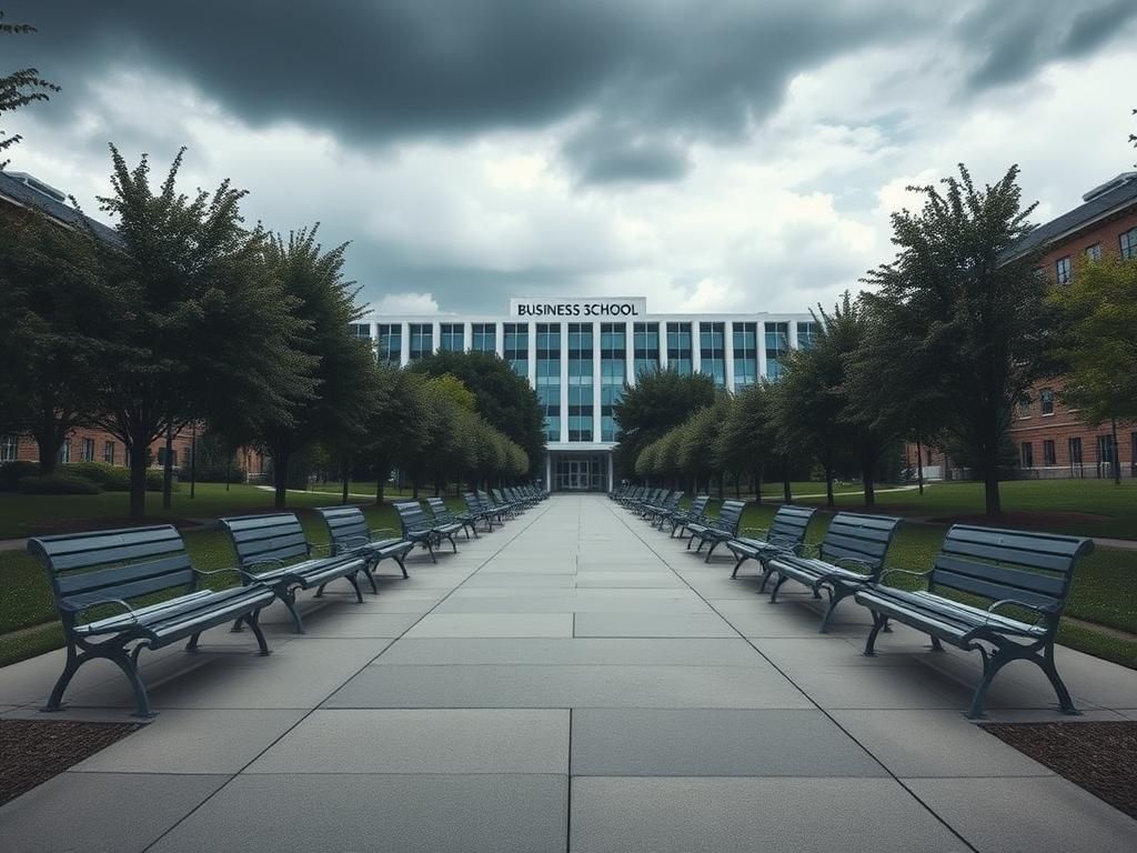 Flick International A contemplative university campus with empty benches and a modern business school in the background