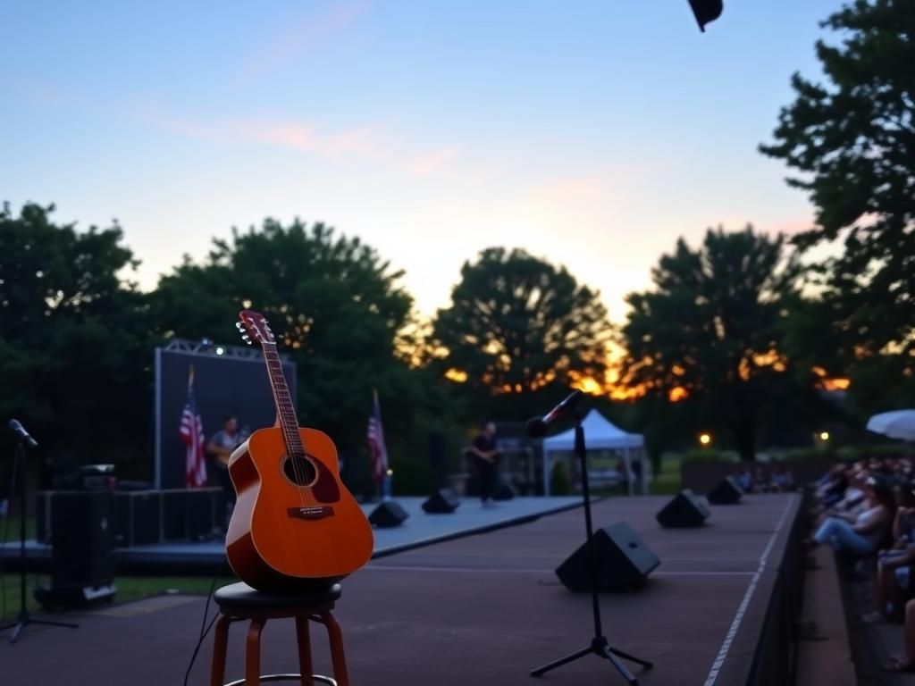 Flick International A serene outdoor concert scene featuring a stage at sunset with an acoustic guitar and microphone.