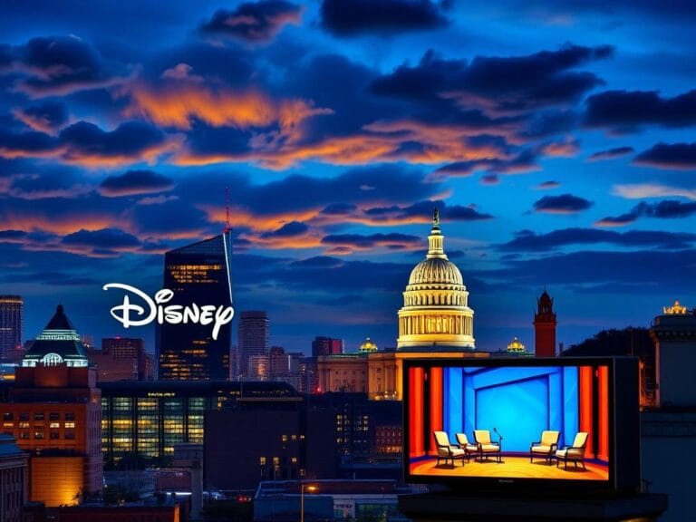 Flick International Nighttime city skyline featuring the Disney logo with a late-night talk show set displayed on a large screen