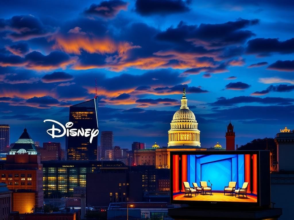 Flick International Nighttime city skyline featuring the Disney logo with a late-night talk show set displayed on a large screen